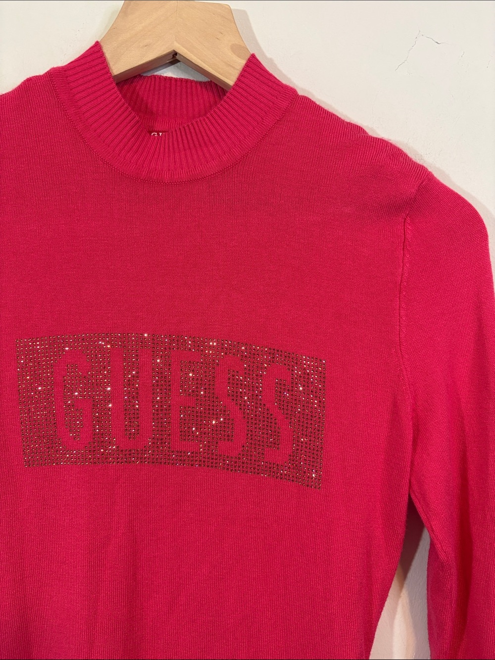Hot Pink Rhinestone Guess Logo Fitted Mock Neck Long Slim Fit Stretchy Rib Knit